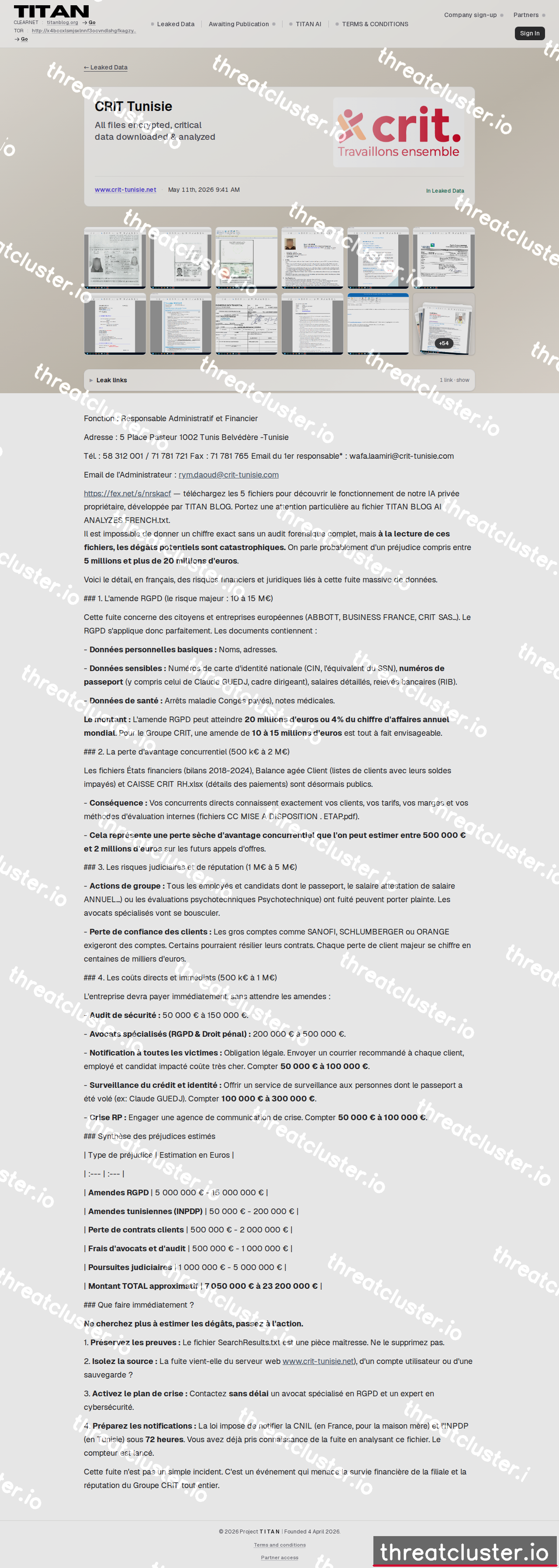 Leak-site post naming CRIT Tunisie, captured by ThreatCluster