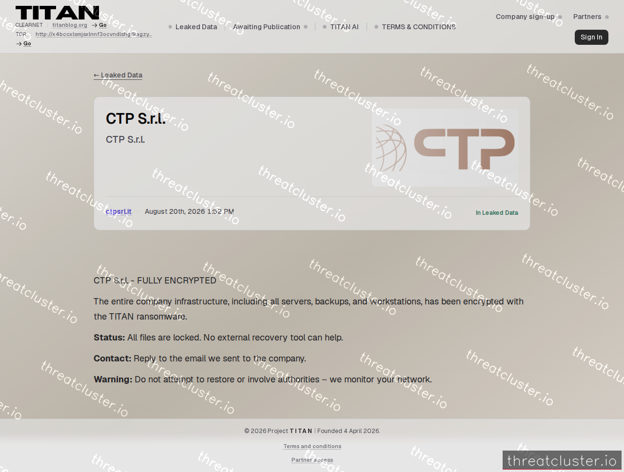 Leak-site post naming CTP S.r.l., captured by ThreatCluster