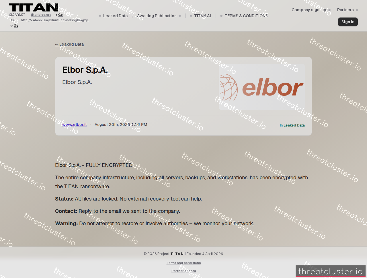 Leak-site post naming Elbor S.p.A., captured by ThreatCluster