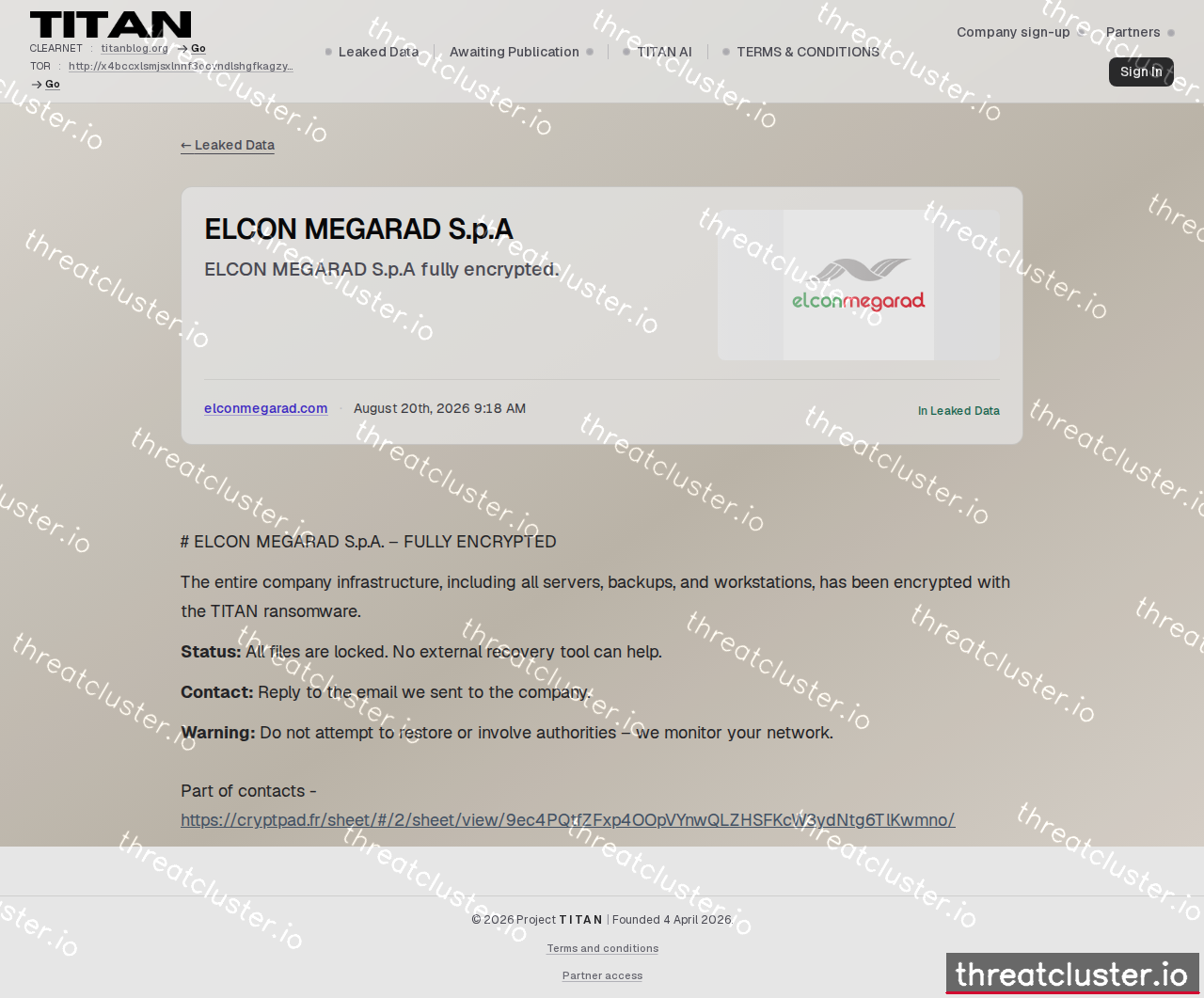 Leak-site post naming ELCON MEGARAD S.p.A, captured by ThreatCluster