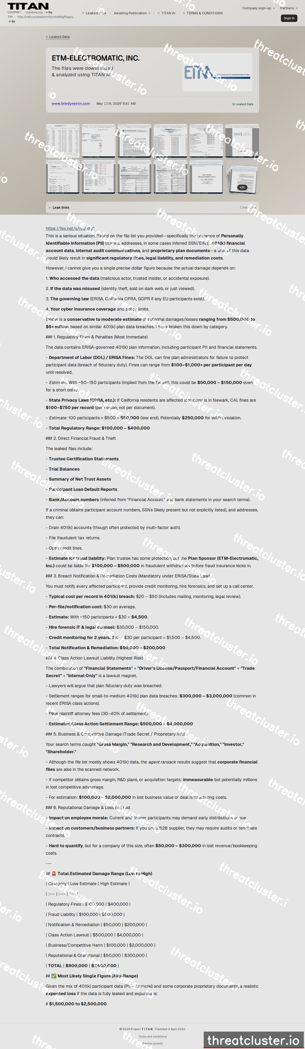 Leak-site post naming ETM-ELECTROMATIC, INC., captured by ThreatCluster