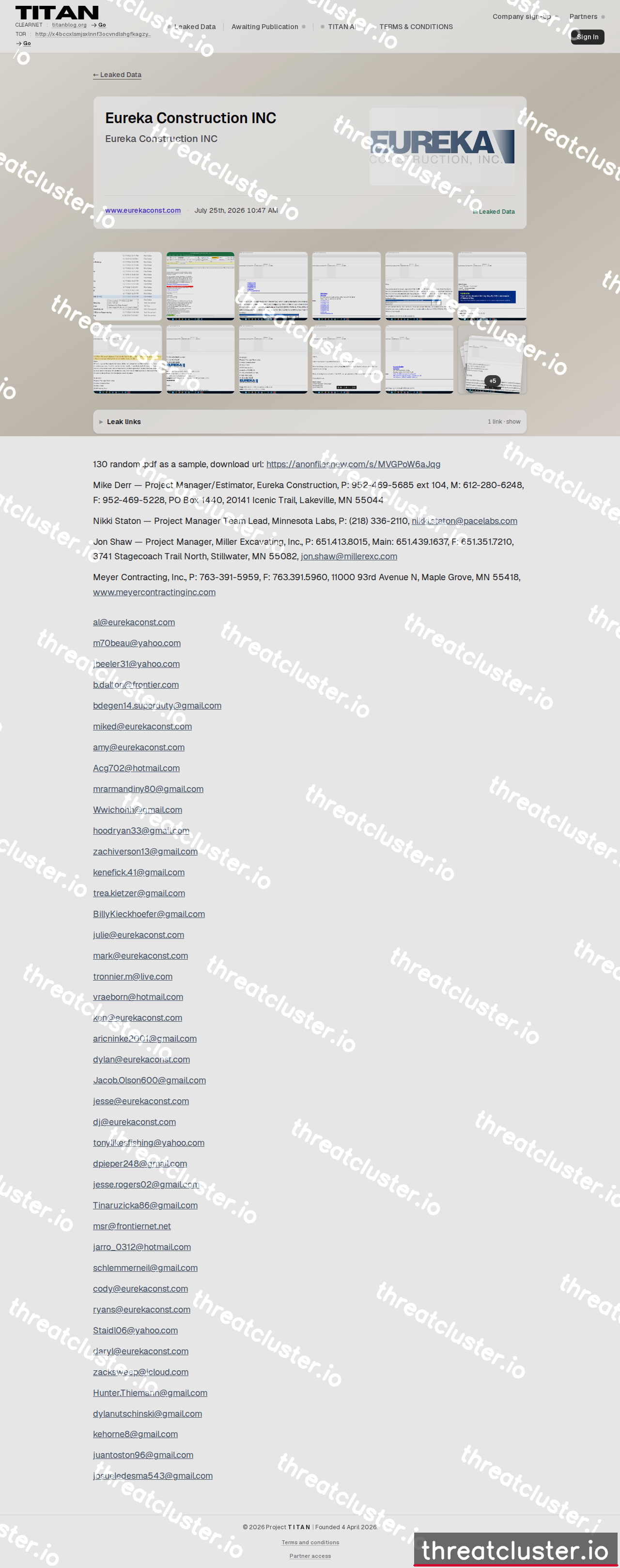 Leak-site post naming Eureka Construction INC, captured by ThreatCluster