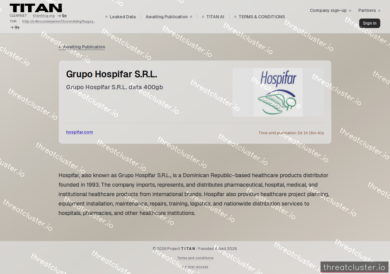 Leak-site post naming Grupo Hospifar S.R.L., captured by ThreatCluster
