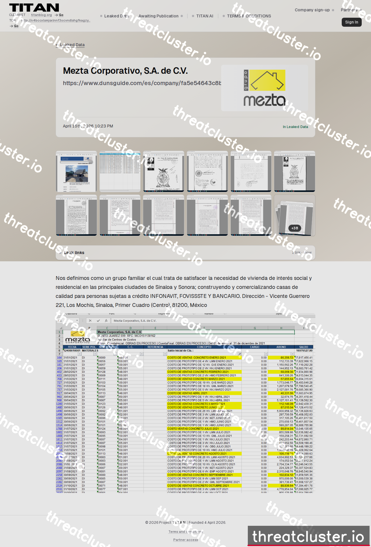 Leak-site post naming Mezta Corporativo, S.A. de C.V., captured by ThreatCluster