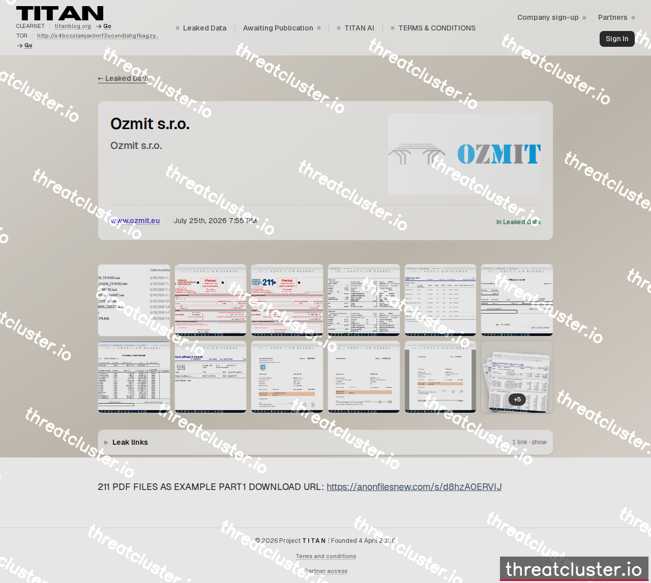 Leak-site post naming Ozmit s.r.o., captured by ThreatCluster