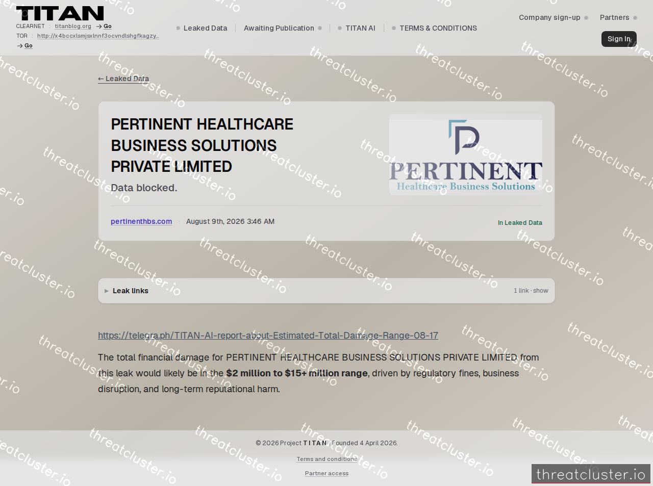 Leak-site post naming PERTINENT HEALTHCARE BUSINESS SOLUTIONS PRIVATE LIMITED, captured by ThreatCluster
