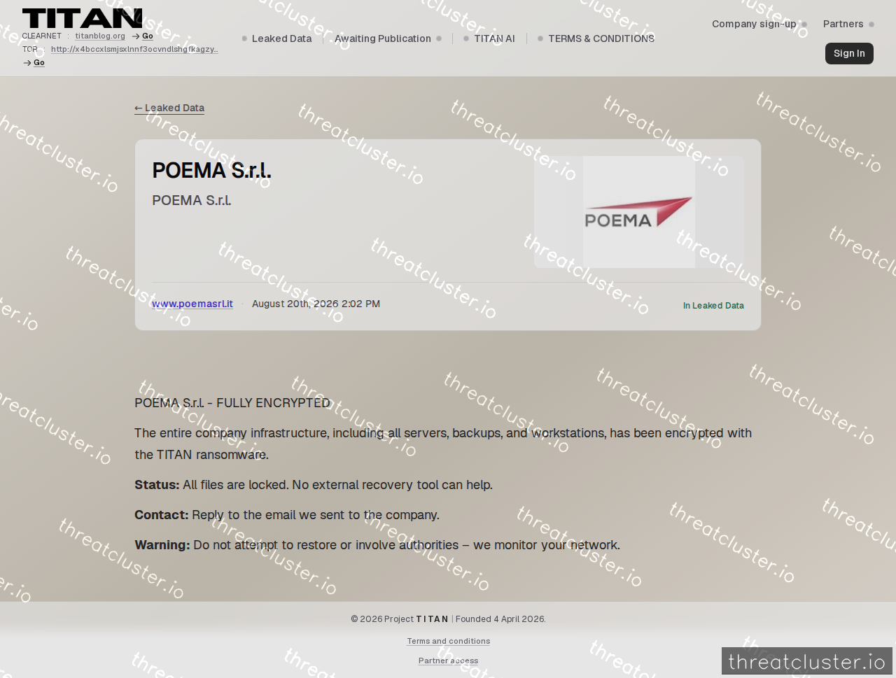 Leak-site post naming POEMA S.r.l., captured by ThreatCluster