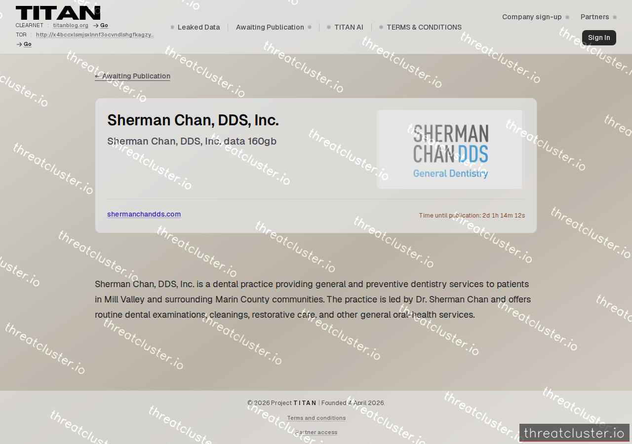Leak-site post naming Sherman Chan, DDS, Inc., captured by ThreatCluster