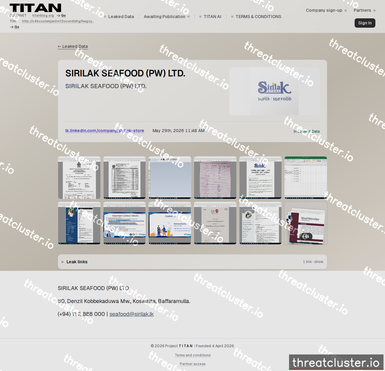 Leak-site post naming SIRILAK SEAFOOD (PW) LTD., captured by ThreatCluster