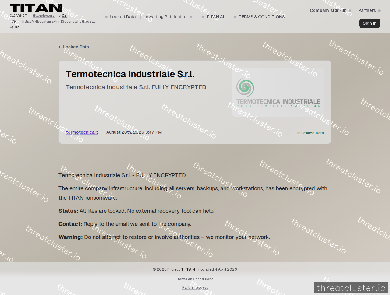 Leak-site post naming Termotecnica Industriale S.r.l., captured by ThreatCluster