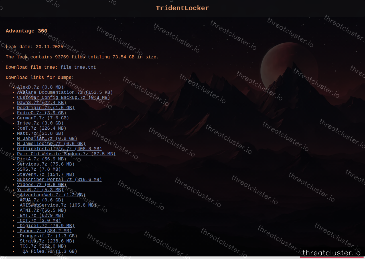 Leak-site post naming Advantage 360, captured by ThreatCluster