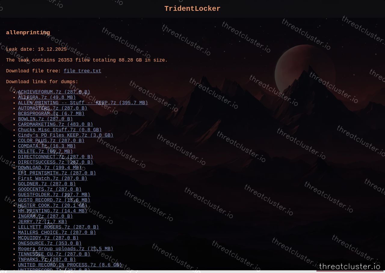 Leak-site post naming allenprinting, captured by ThreatCluster