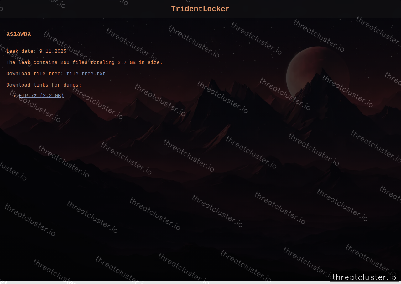 Leak-site post naming asiawba, captured by ThreatCluster