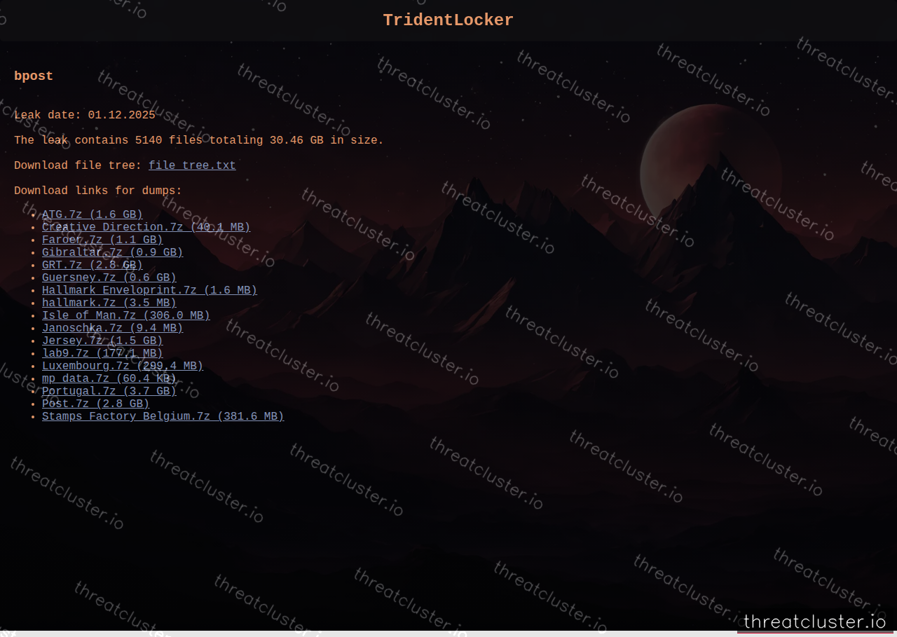 Leak-site post naming bpost, captured by ThreatCluster