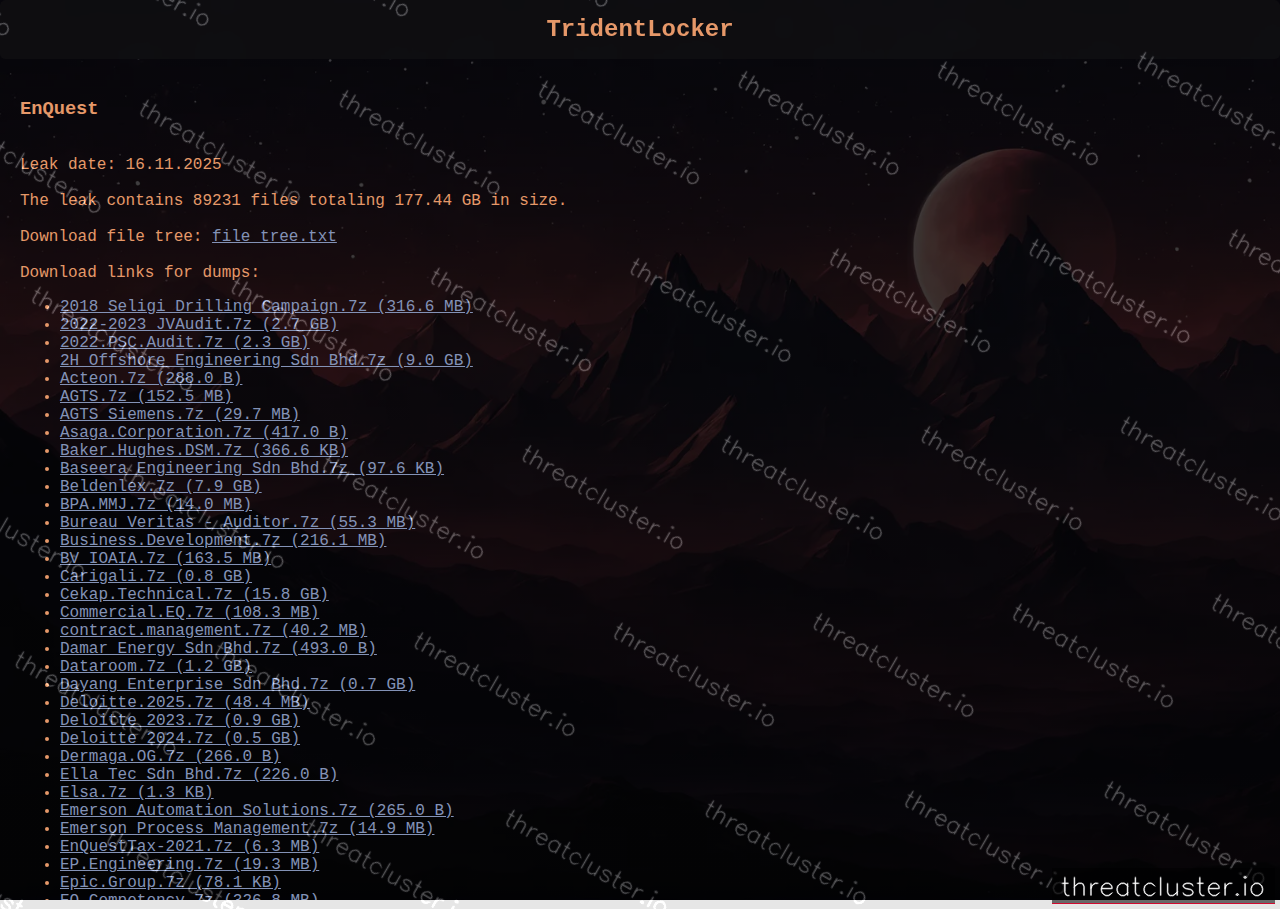 Leak-site post naming EnQuest, captured by ThreatCluster