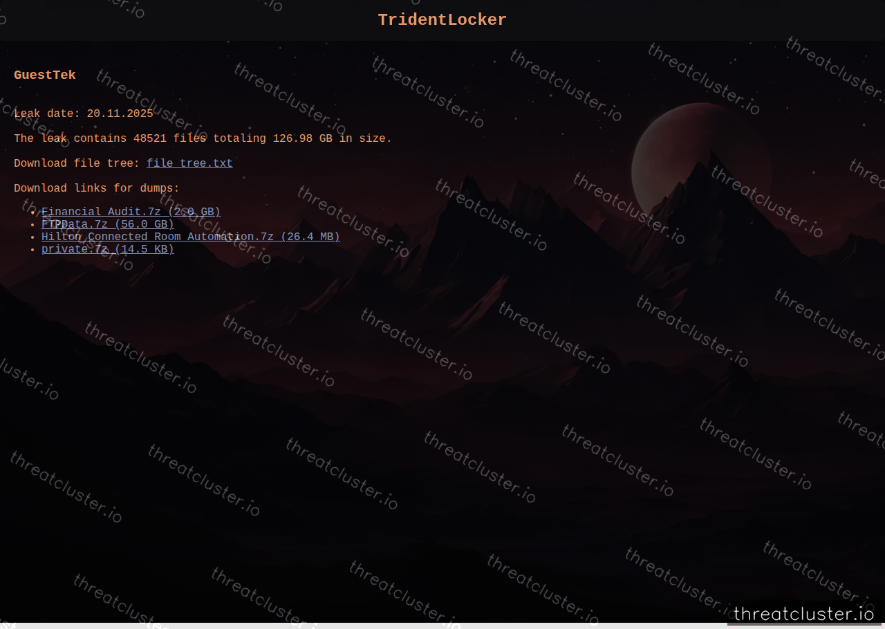 Leak-site post naming GuestTek, captured by ThreatCluster