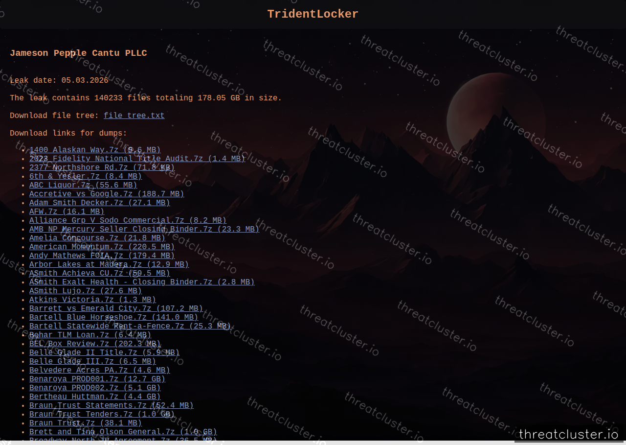 Leak-site post naming Jameson Pepple Cantu PLLC, captured by ThreatCluster
