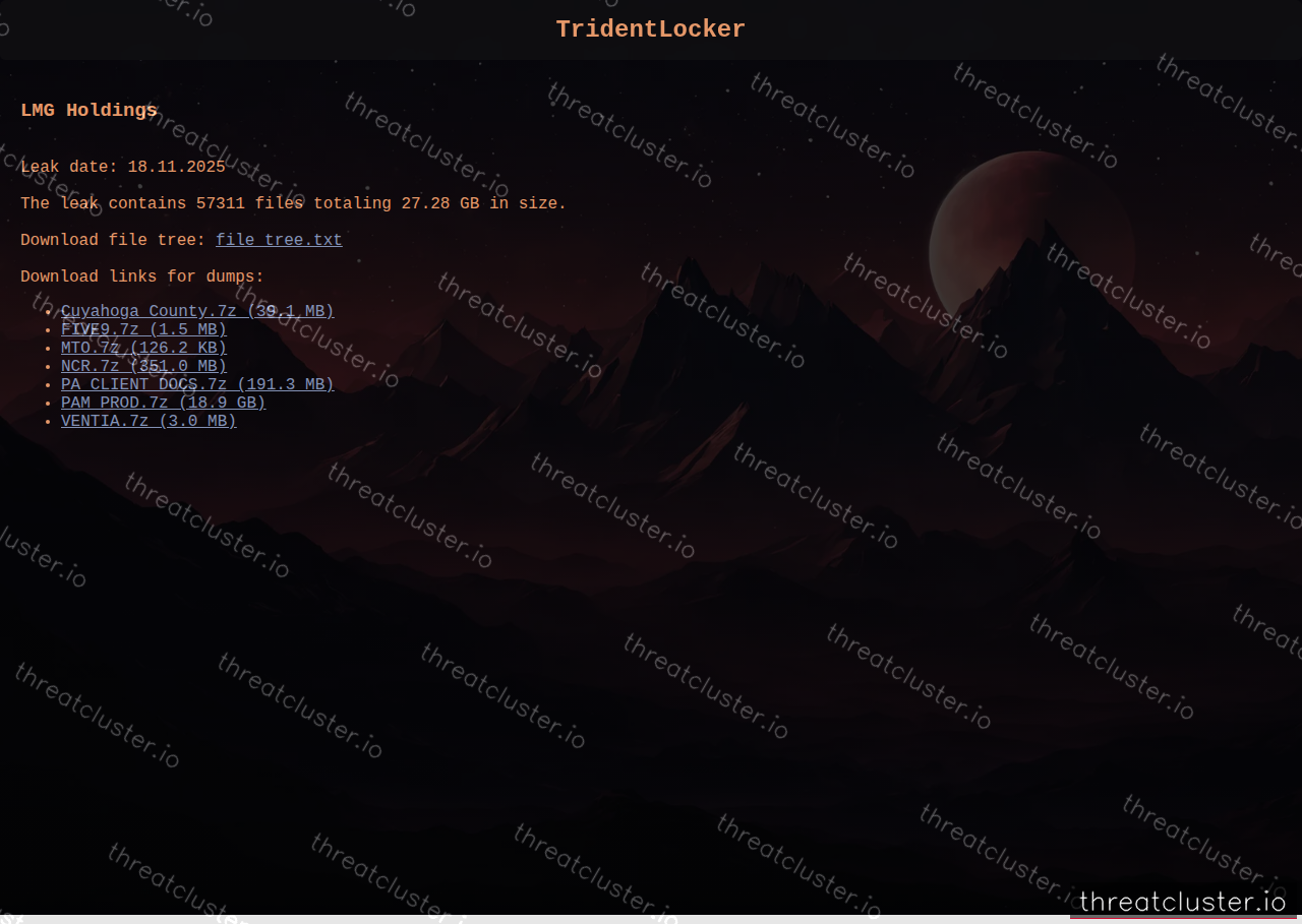 Leak-site post naming LMG Holdings, captured by ThreatCluster