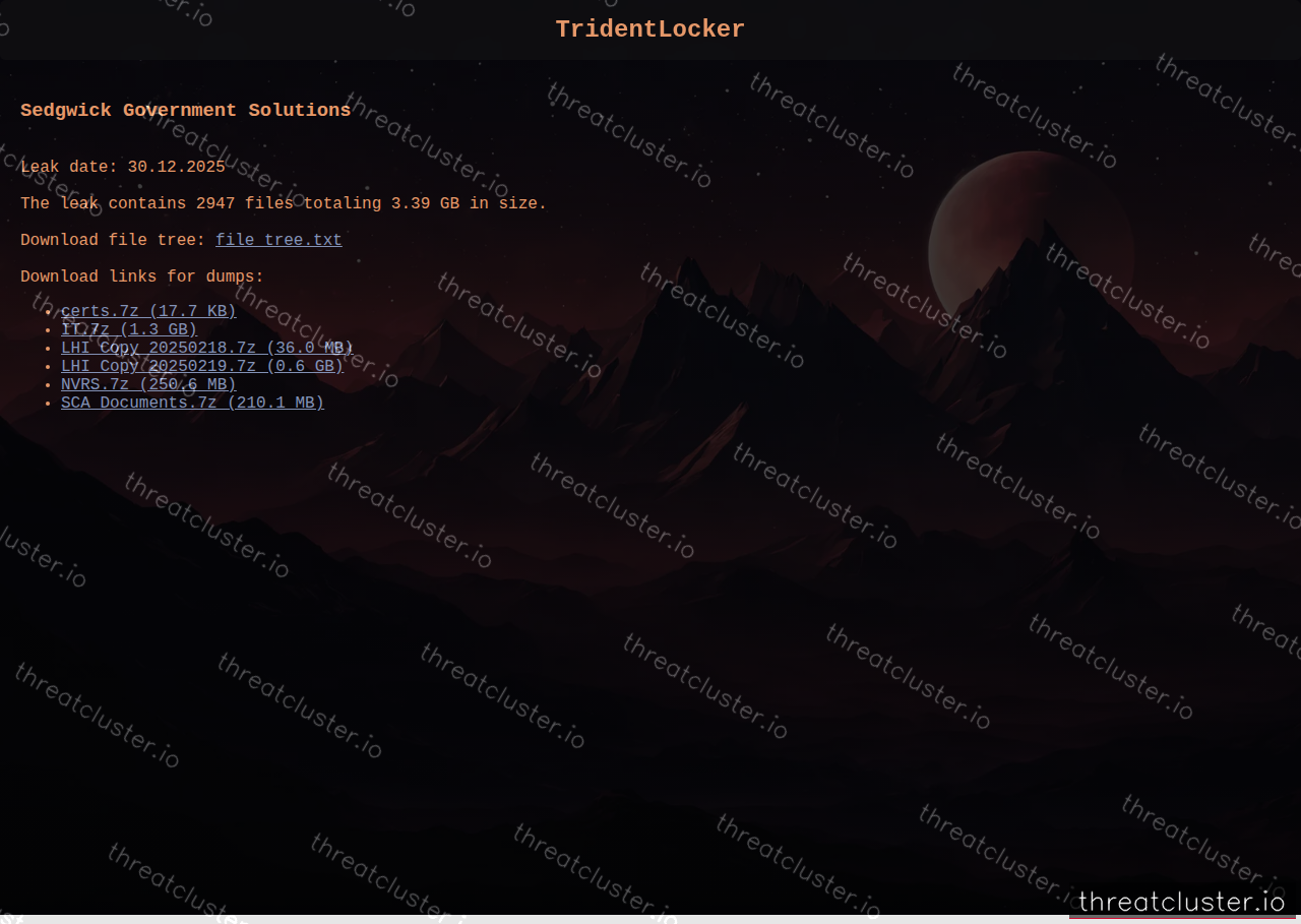 Leak-site post naming Sedgwick Government Solutions, captured by ThreatCluster