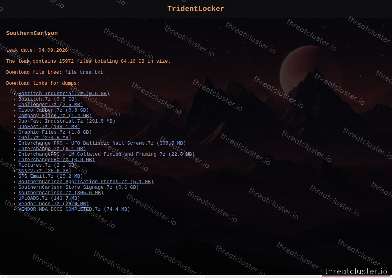 Leak-site post naming SouthernCarlson, captured by ThreatCluster