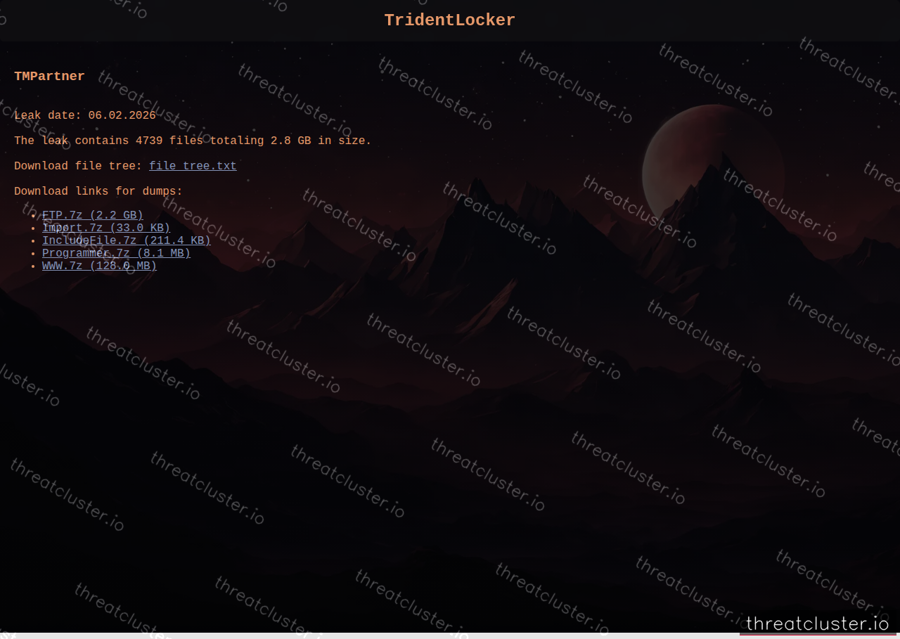 Leak-site post naming TMPartner, captured by ThreatCluster