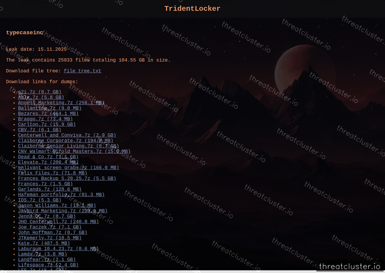 Leak-site post naming typecaseinc, captured by ThreatCluster