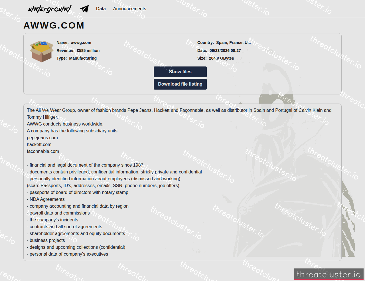 Leak-site post naming awwg.com, captured by ThreatCluster