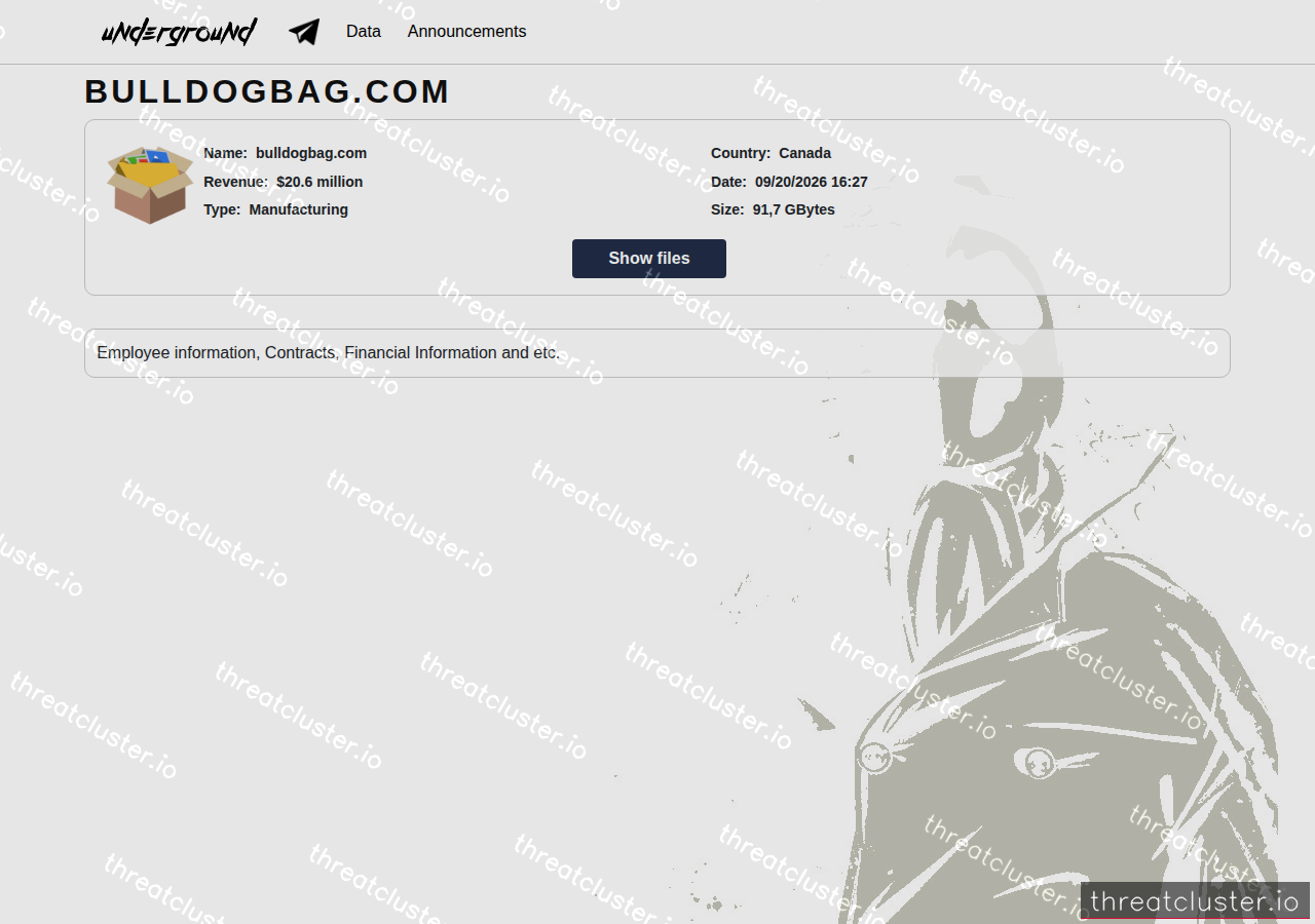Leak-site post naming bulldogbag.com, captured by ThreatCluster