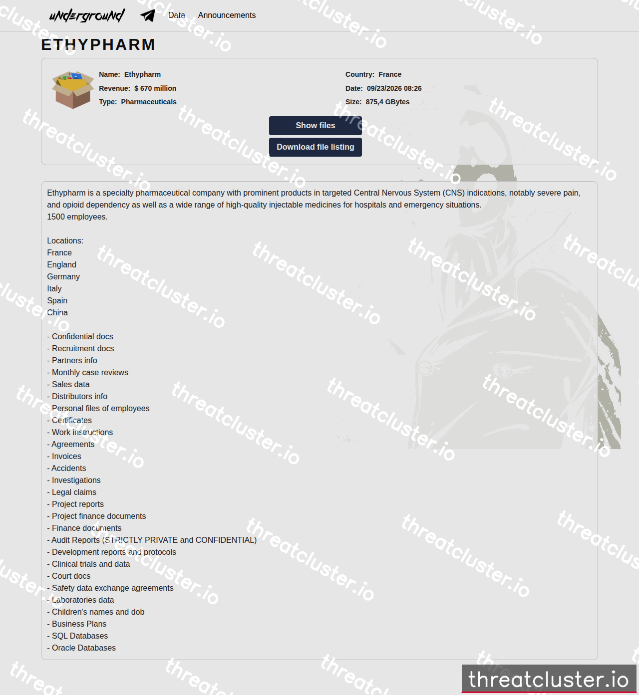 Leak-site post naming Ethypharm, captured by ThreatCluster