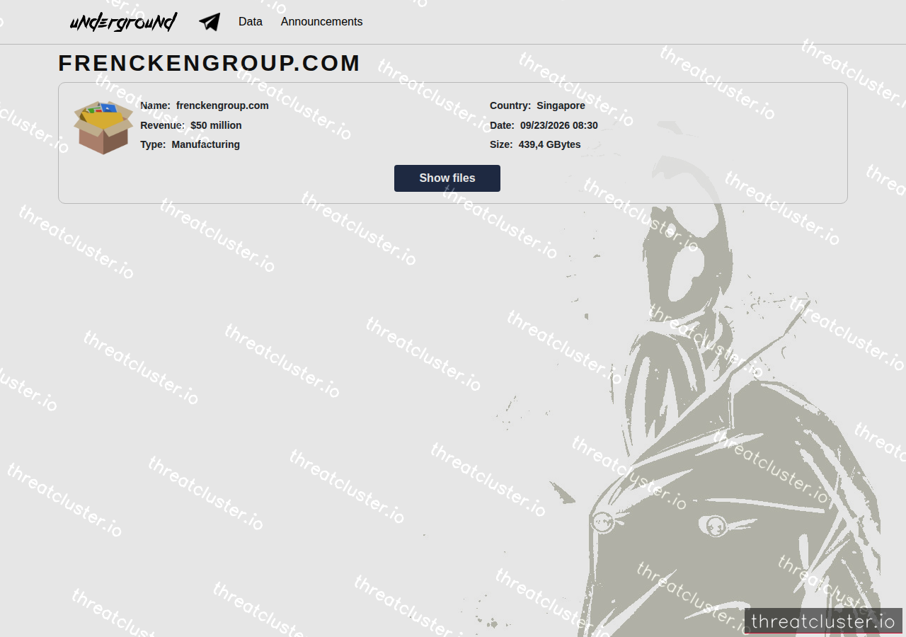 Leak-site post naming frenckengroup.com, captured by ThreatCluster