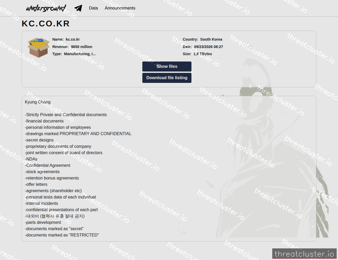Leak-site post naming kc.co.kr, captured by ThreatCluster