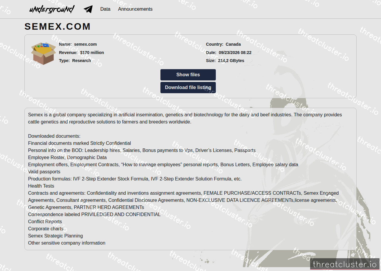 Leak-site post naming semex.com, captured by ThreatCluster