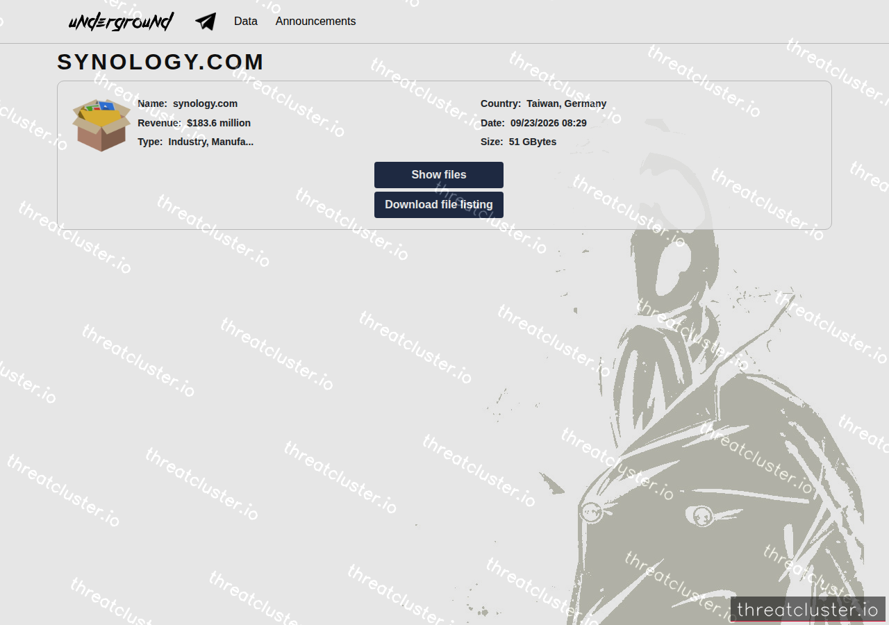 Leak-site post naming synology.com, captured by ThreatCluster