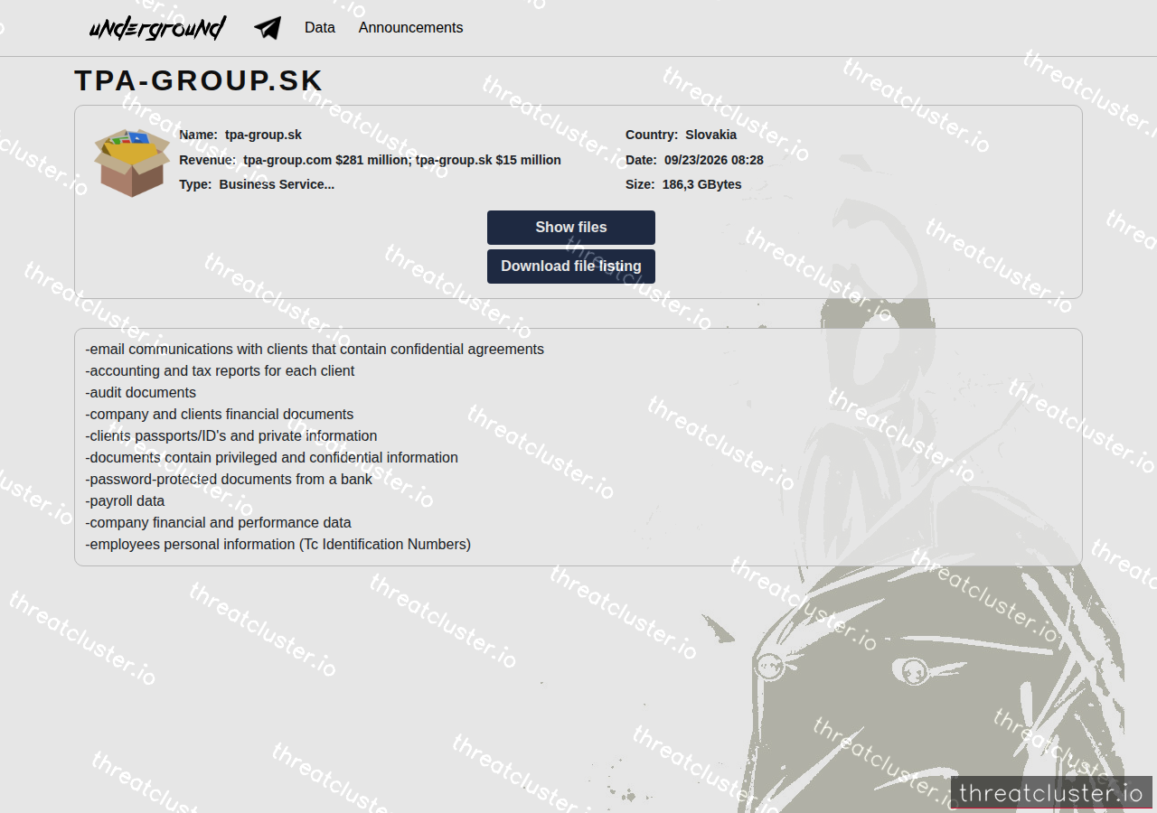 Leak-site post naming tpa-group.sk, captured by ThreatCluster
