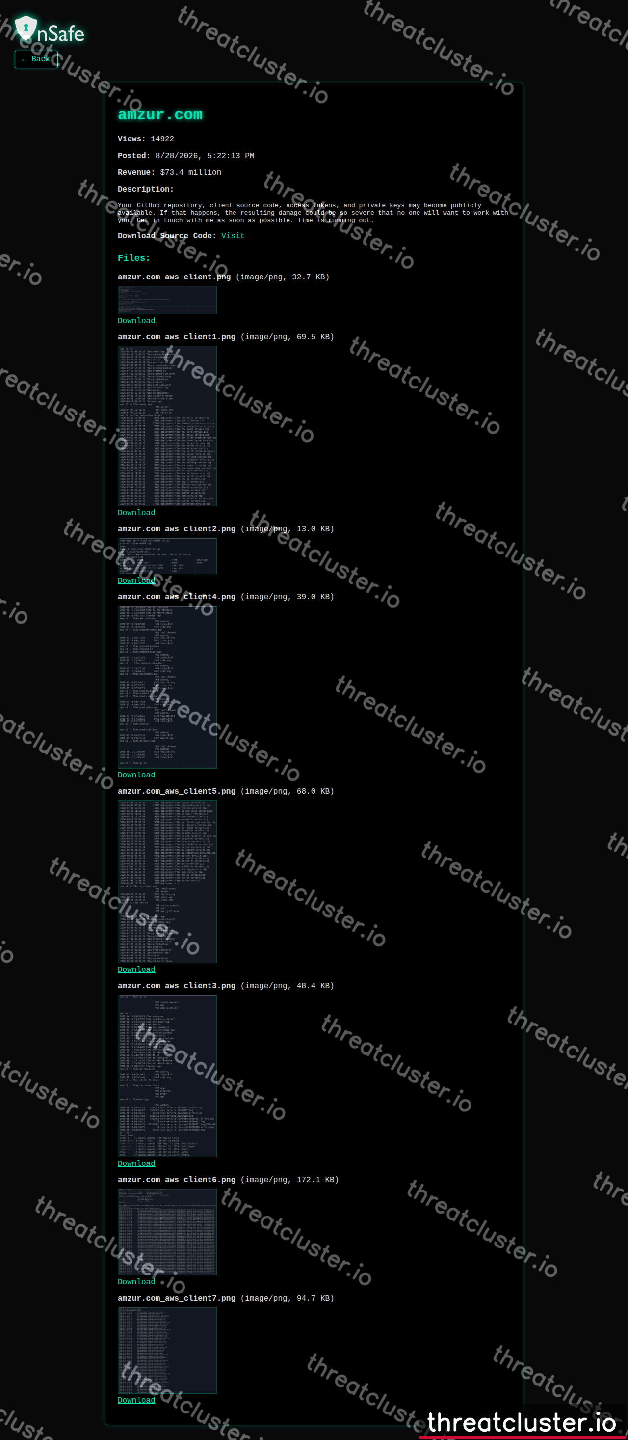 Leak-site post naming amzur.com, captured by ThreatCluster