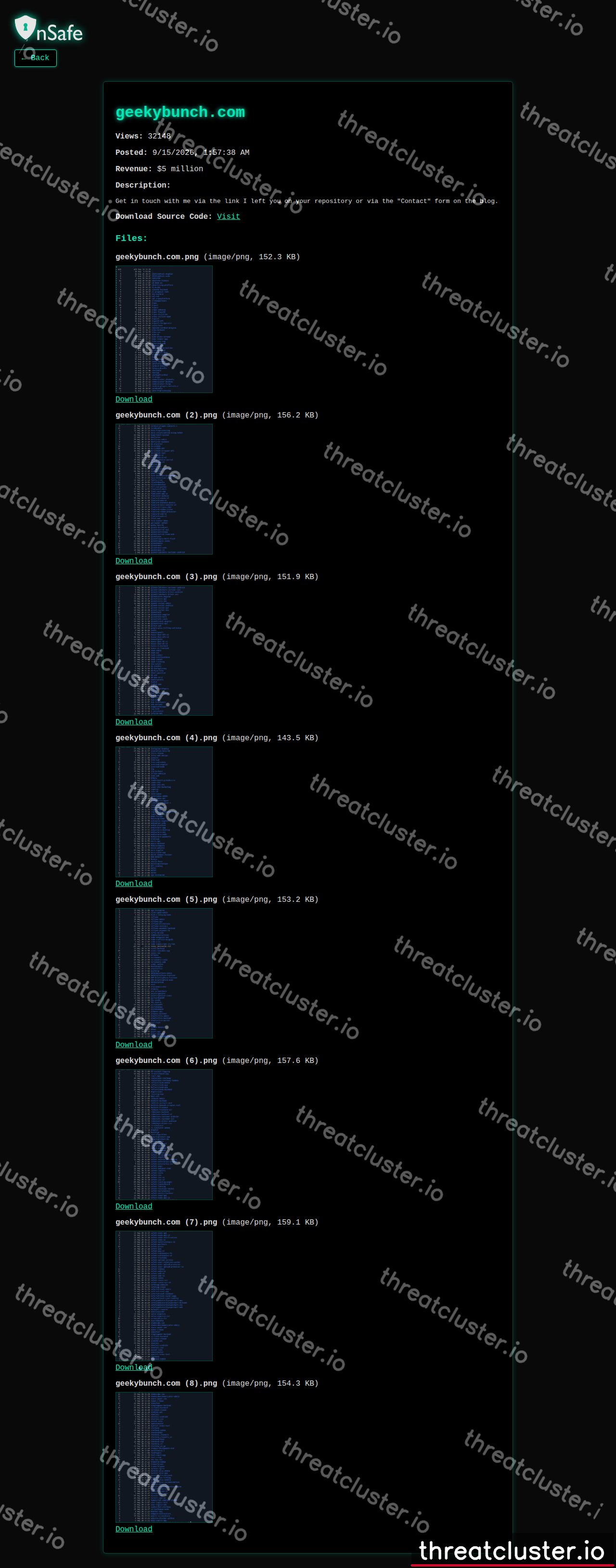 Leak-site post naming geekybunch.com, captured by ThreatCluster