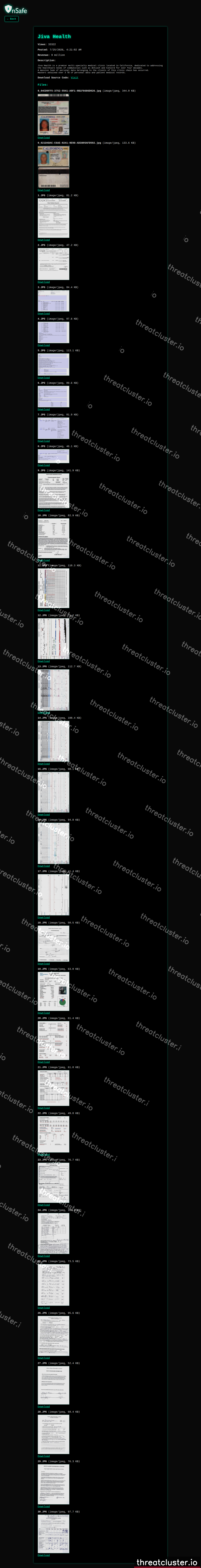 Leak-site post naming Jiva Health, captured by ThreatCluster