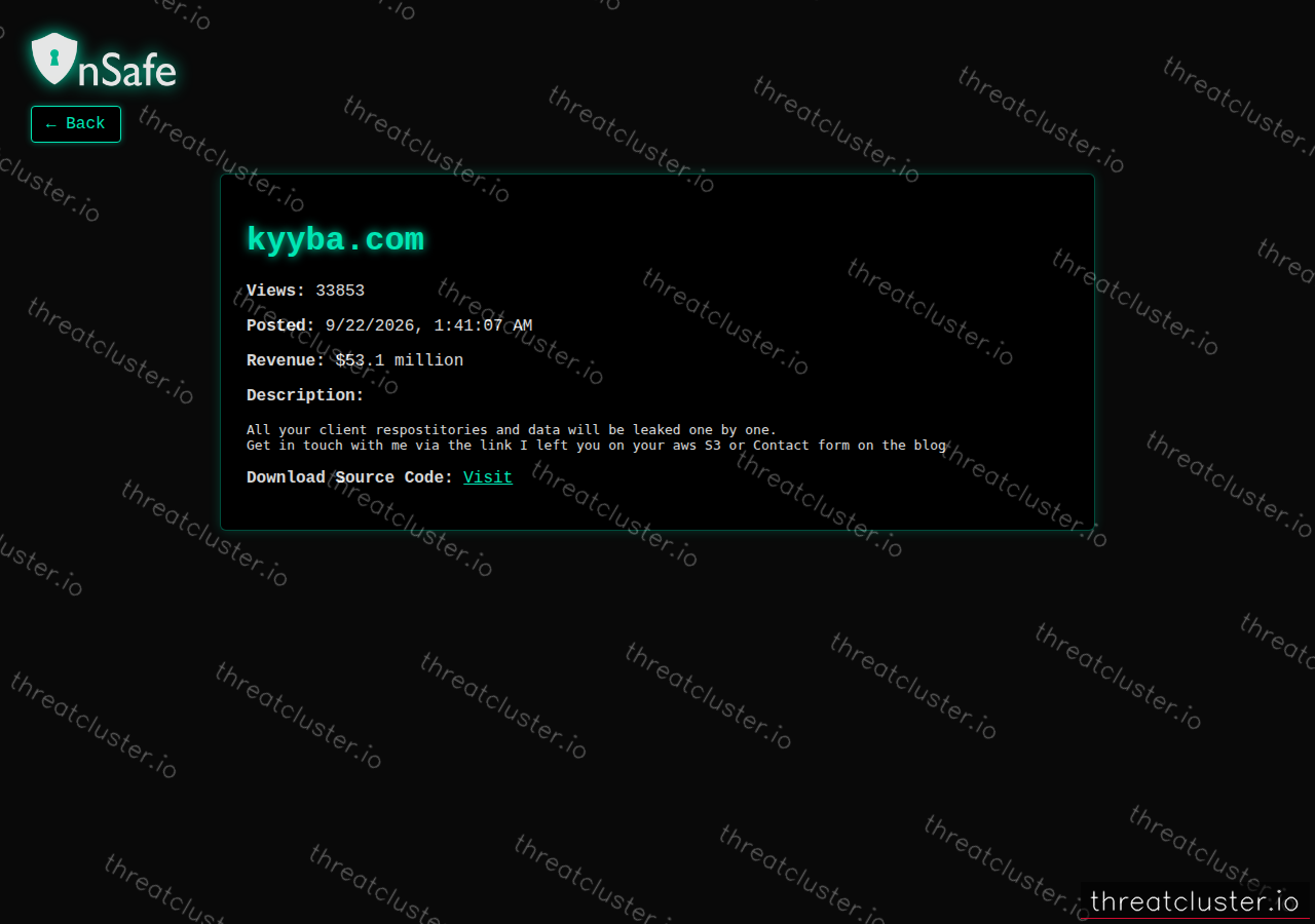 Leak-site post naming kyyba.com, captured by ThreatCluster