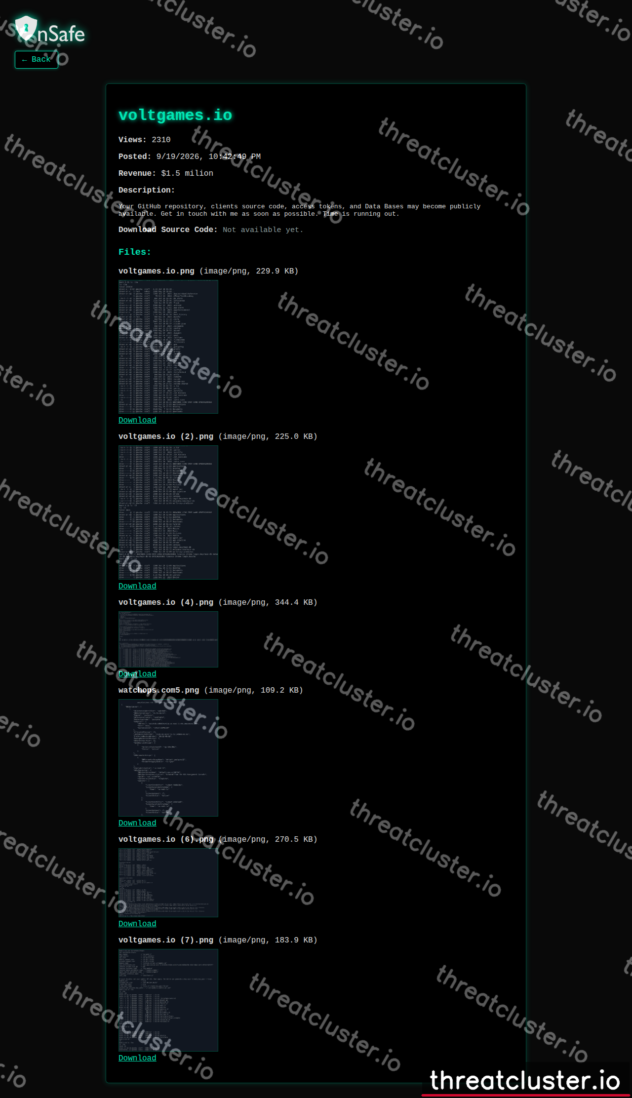 Leak-site post naming voltgames.io, captured by ThreatCluster