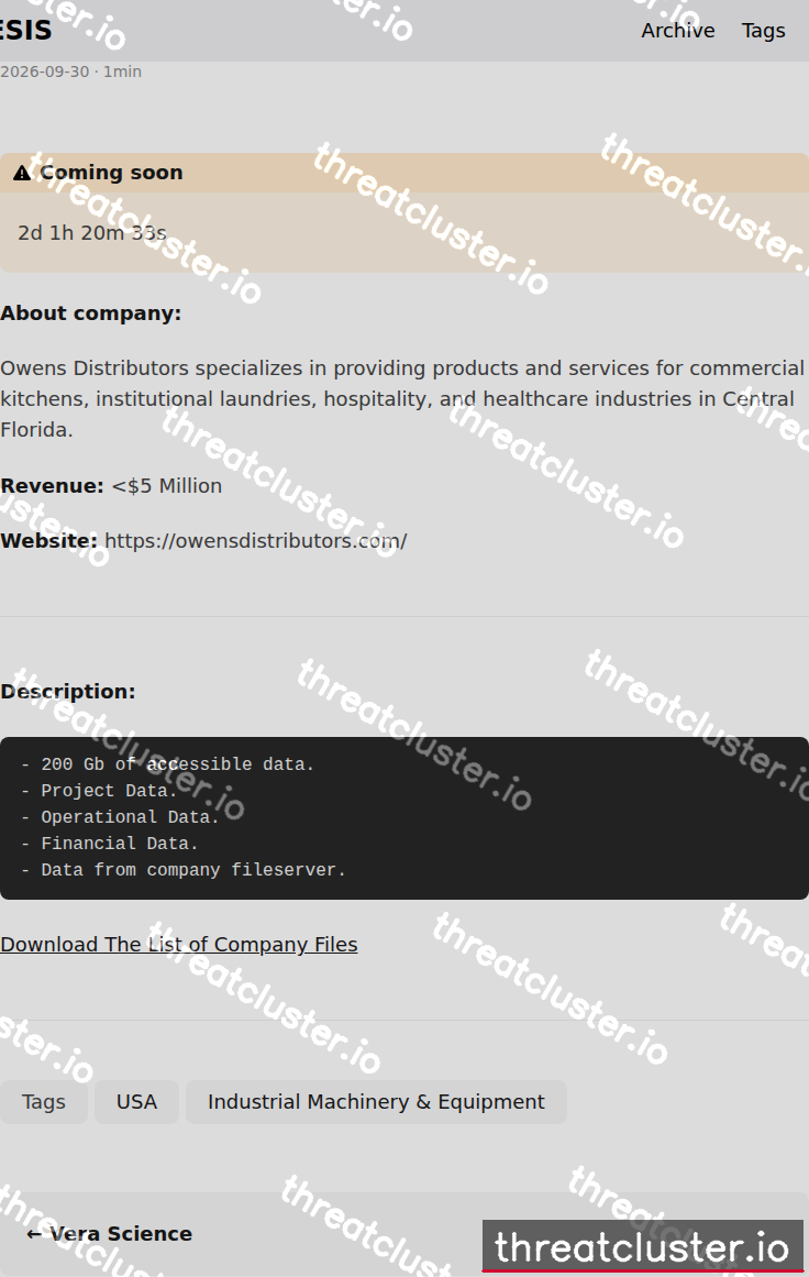 Leak-site post naming Owens Distributors, captured by ThreatCluster