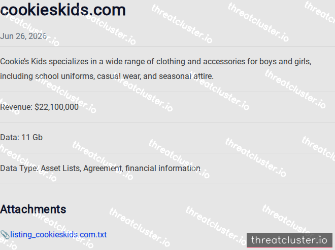 Leak-site post naming cookieskids.com, captured by ThreatCluster