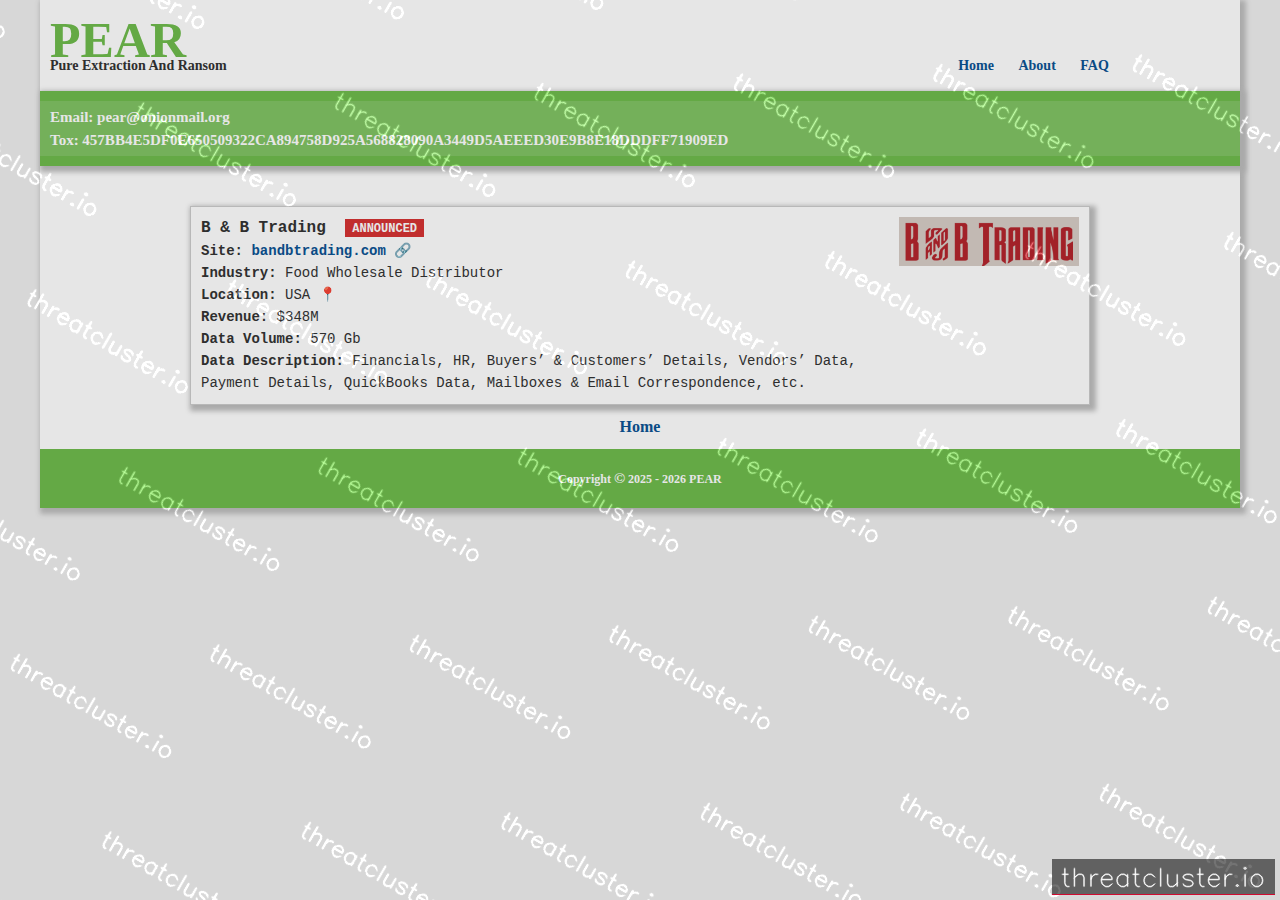 Leak-site post naming B & B Trading, captured by ThreatCluster