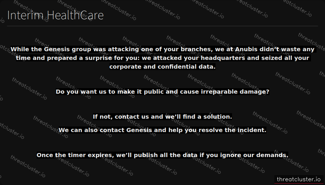Leak-site post naming Interim HealthCare, captured by ThreatCluster