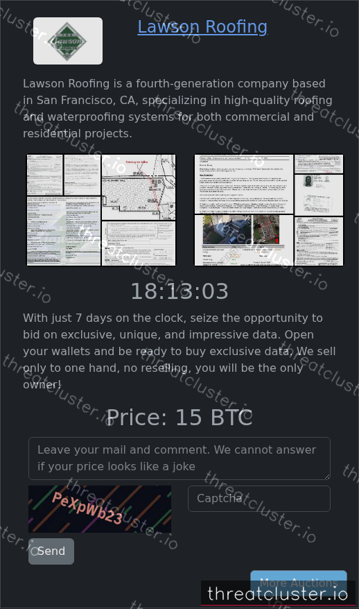 Leak-site post naming Lawson Roofing, captured by ThreatCluster