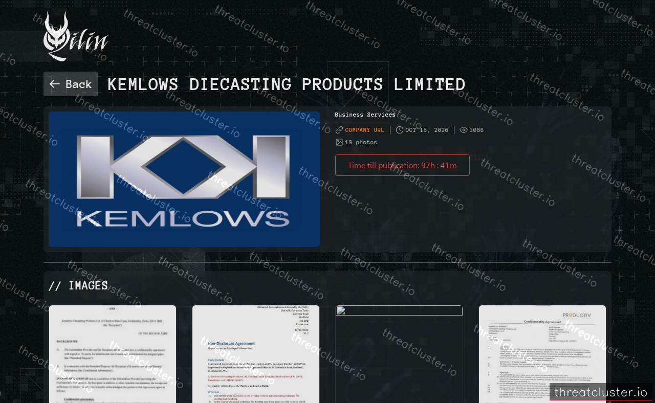 Leak-site post naming Kemlows Diecasting Products Limited, captured by ThreatCluster
