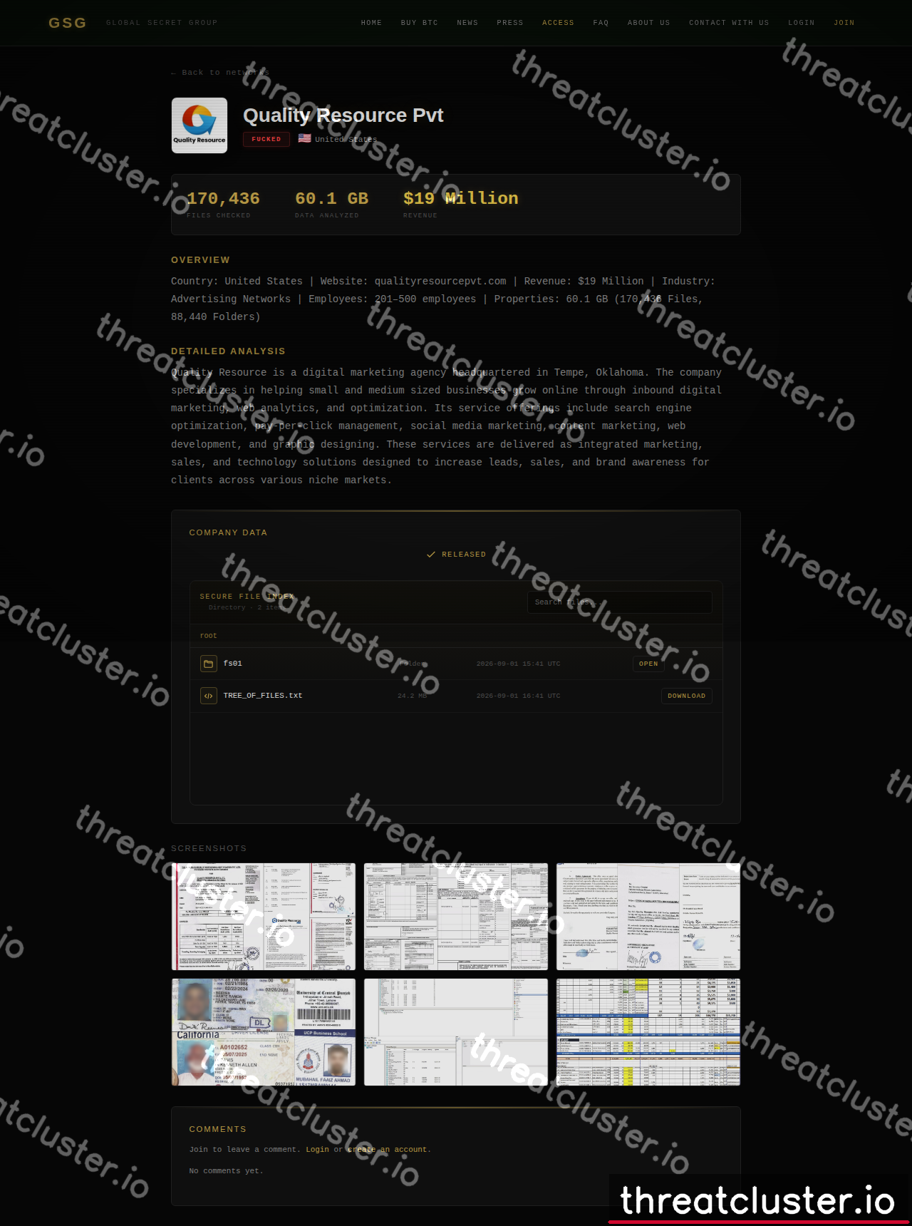 Leak-site post naming Quality Resource Pvt, captured by ThreatCluster