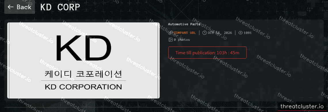 Leak-site post naming KD Corp, captured by ThreatCluster