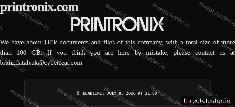 Leak-site post naming printronix.com, captured by ThreatCluster