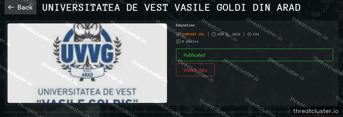 Leak-site post naming Universitatea De Vest Vasile Goldi Din Arad, captured by ThreatCluster