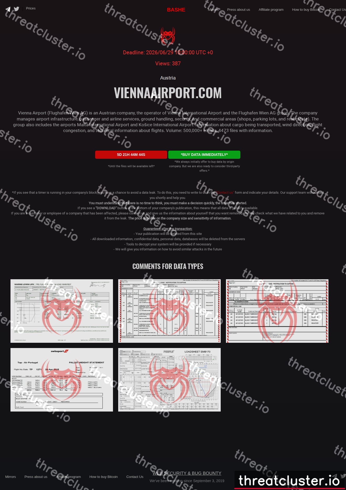 Leak-site post naming viennaairport.com, captured by ThreatCluster